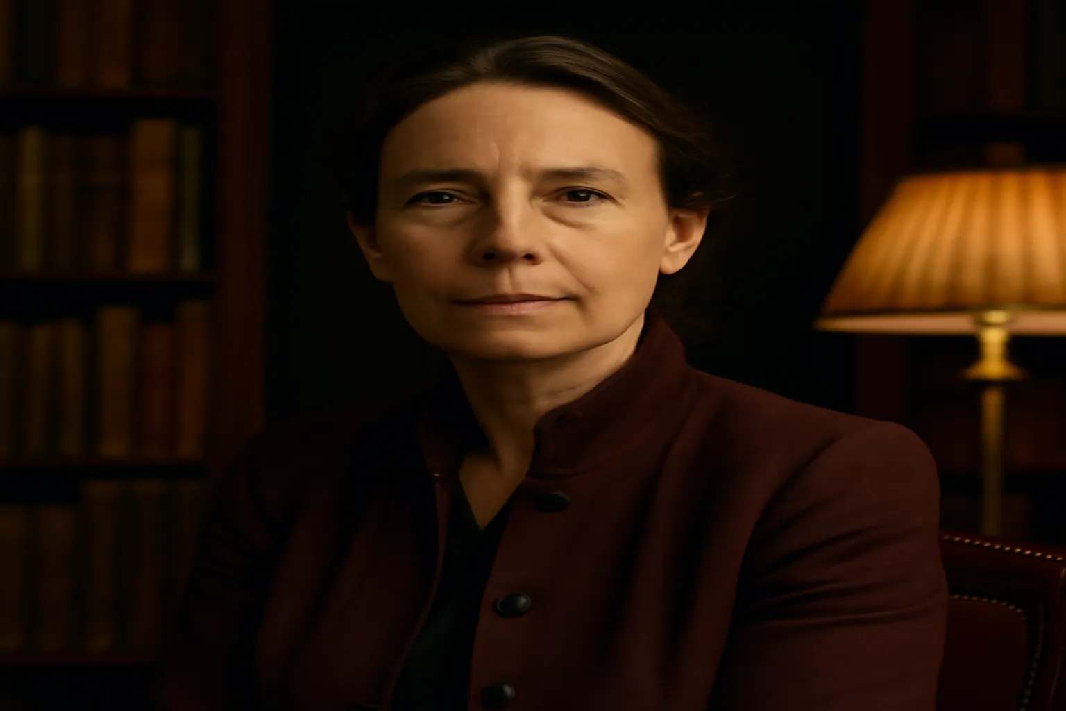 Portrait de femme intellectuelle en tenue contemporaine sobre, bibliothèque ancienne en arrière-plan, évoquant une philosophe spécialiste des Lumières